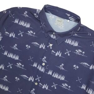 Puma Shirt Mens 2XL Navy Golf Tropical Print Stretch Button Up Short Sleeve